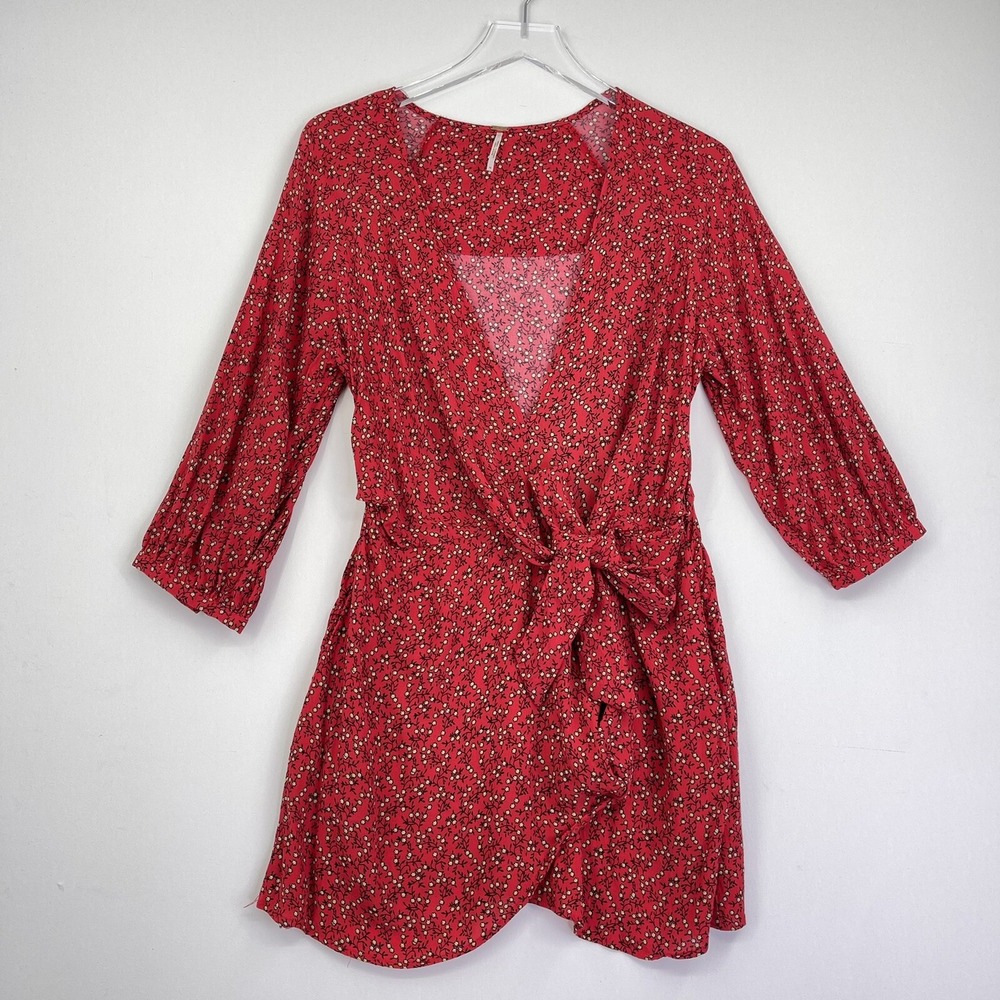 Free People Mini Dress Belt Womens Medium Red Floral Print 3/4 Sleeves